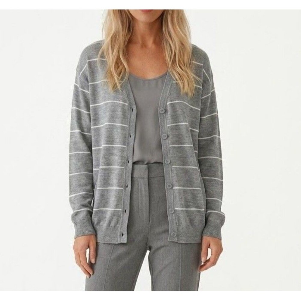 Women’s Sweater Cardigan 2XL Gray Stripe long sleeve V Neck